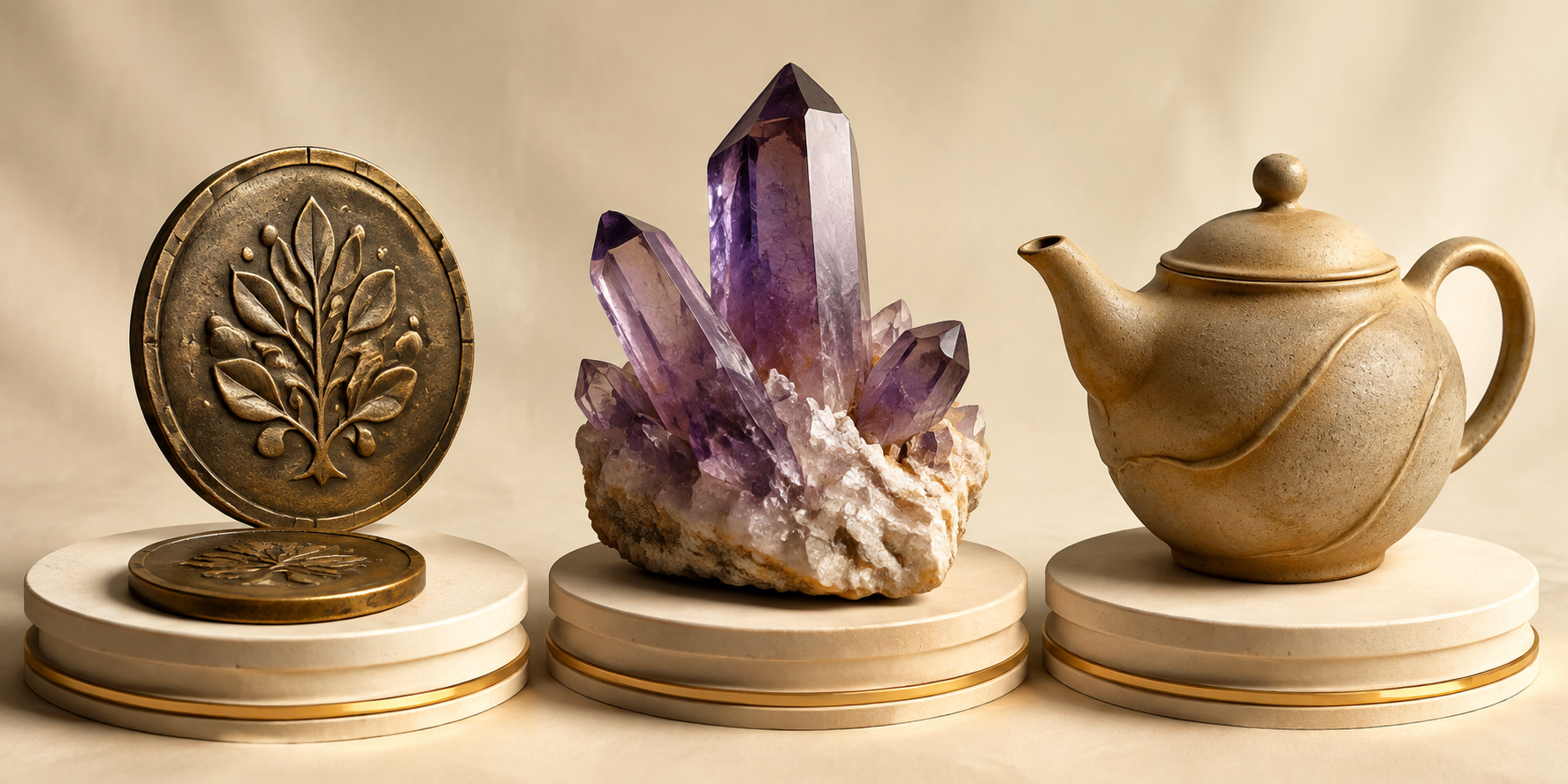 Three-dimensional style illustration of coins, a purple crystal cluster and a ceramic teapot