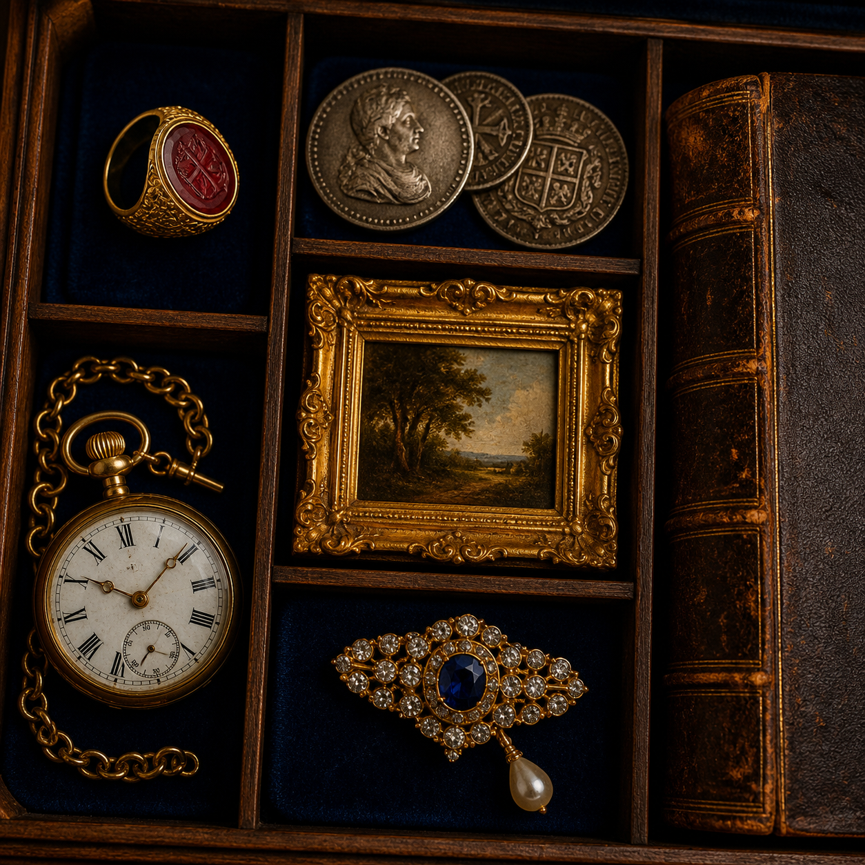 A curated cabinet of illustrative antique jewelry, coins, watch and miniature painting