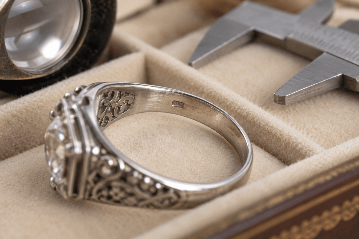 Inner band of a vintage silver ring under magnification