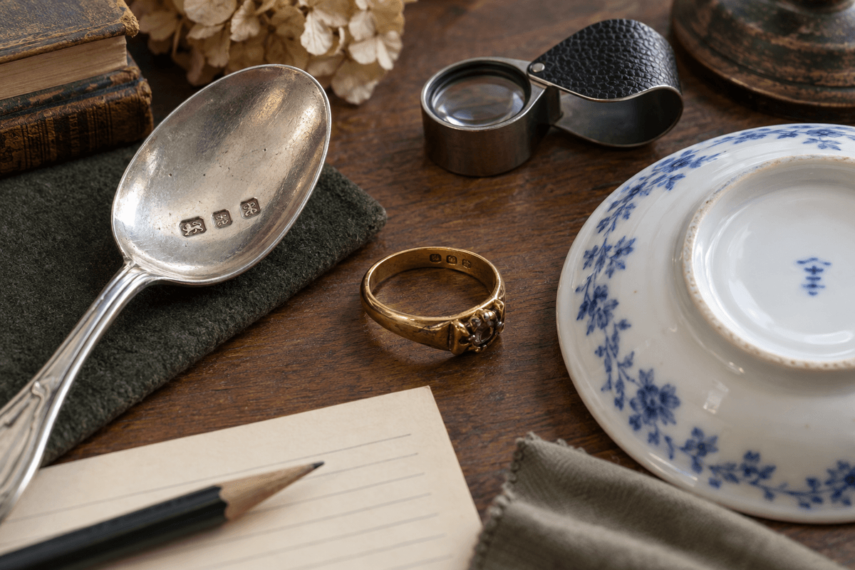 Antique silver spoon, gold ring and porcelain saucer arranged for mark research