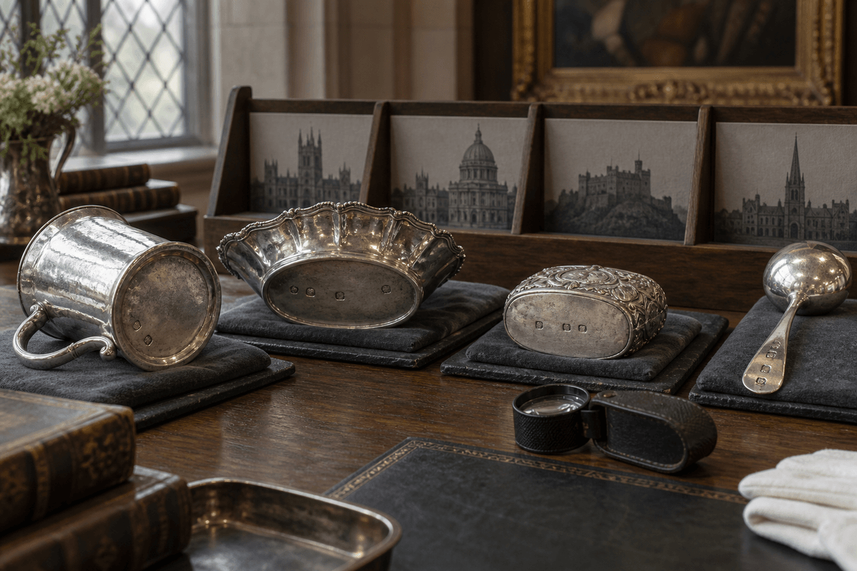 Four antique silver objects arranged as an assay-office comparison set