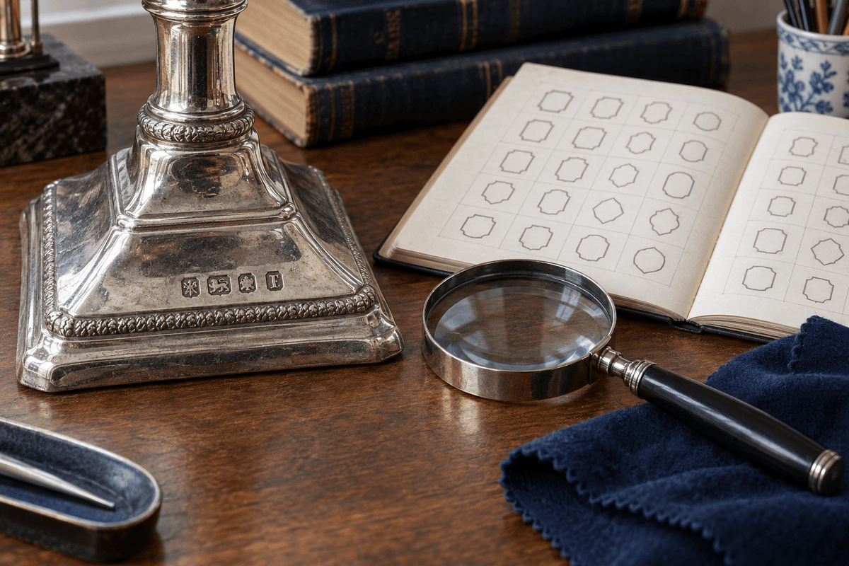 Antique silver candlestick base examined beside a date-letter research notebook