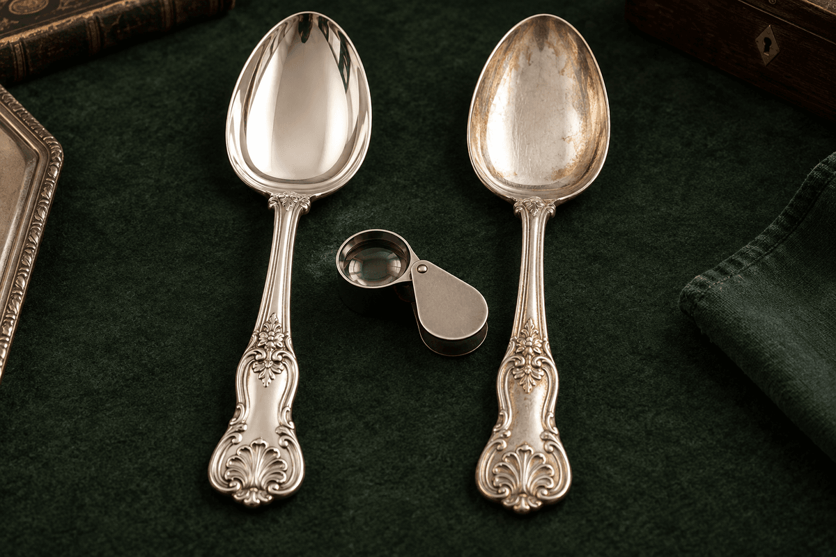 Two antique serving spoons compared for silver plate wear and surface condition