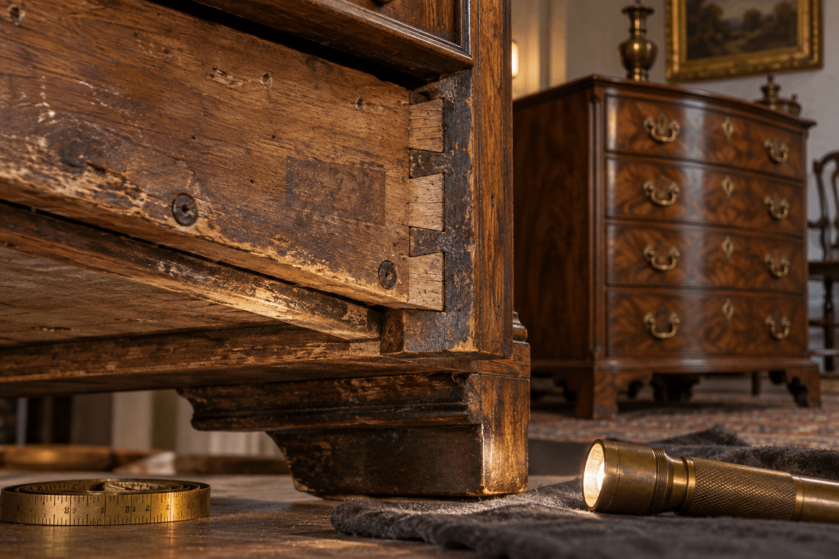 Antique walnut chest underside showing dovetails, wear and old hardware