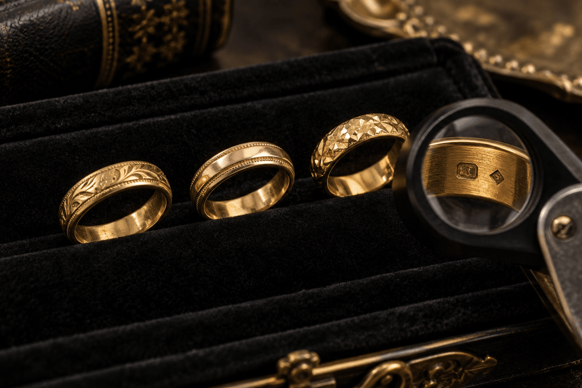 Three vintage gold rings in different alloy colors arranged for fineness research