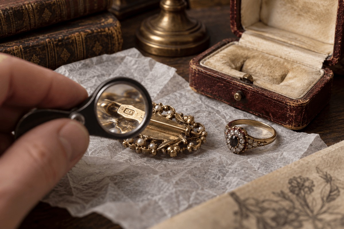 Vintage brooch and ring examined for a small maker cartouche