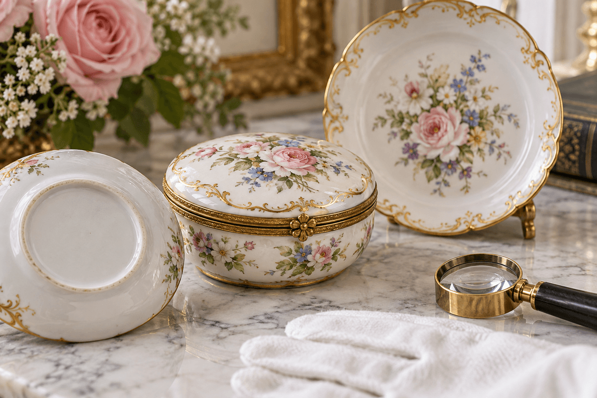 French floral porcelain trinket box and plate arranged for underside inspection