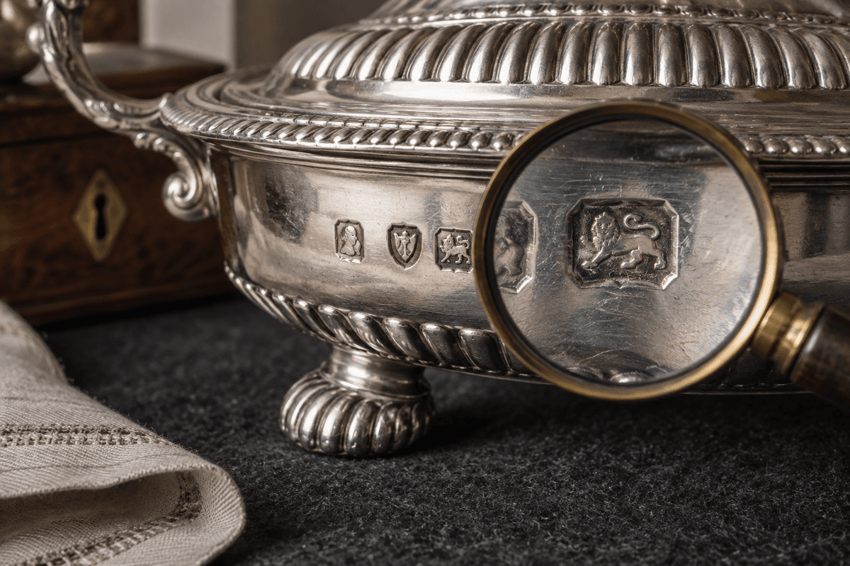 Georgian-style silver vessel examined for a small lion-shaped standard mark