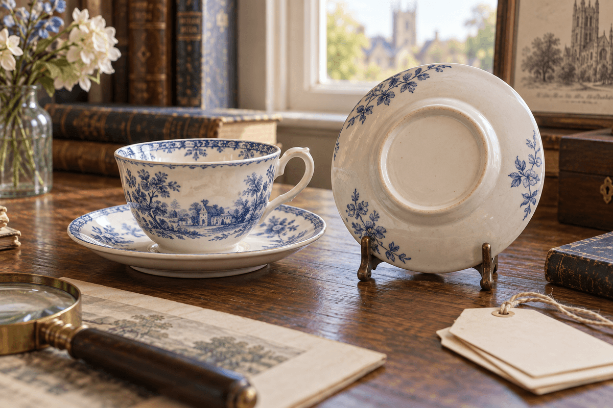 Early twentieth-century English teacup and saucer with the underside displayed