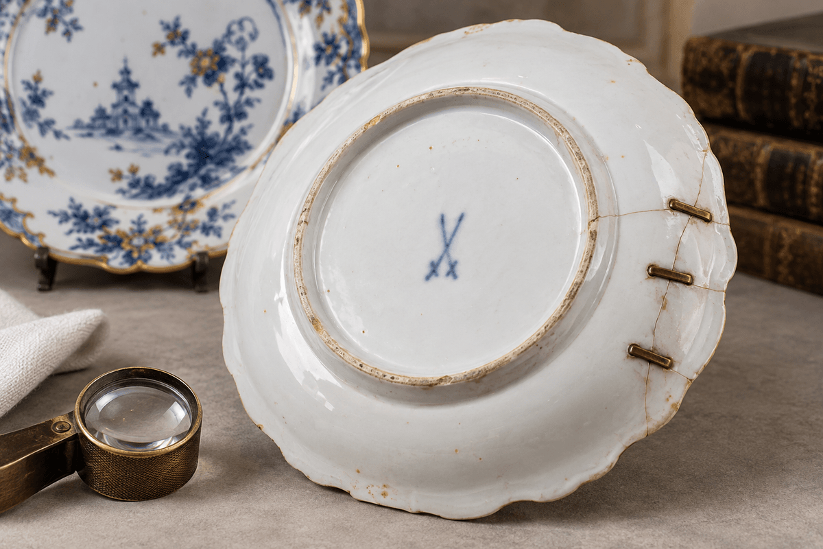 Porcelain plate underside showing a blue crossed-brush area and old staple repair