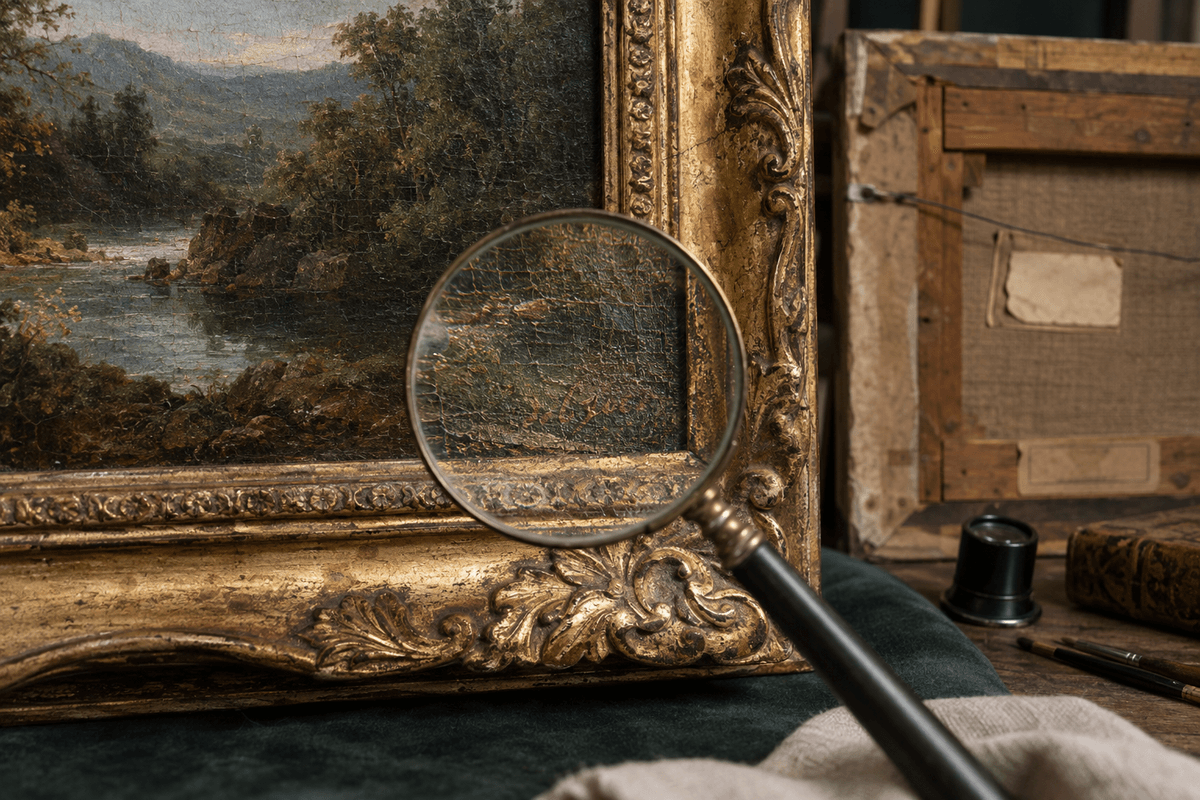 Old landscape painting corner and reverse examined in a conservation studio