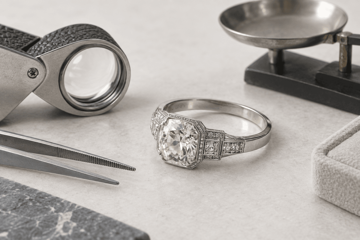 Art Deco platinum ring beside a loupe and jeweler scale