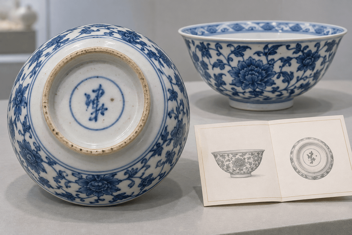 Blue-and-white porcelain bowl shown from its underside and full side profile