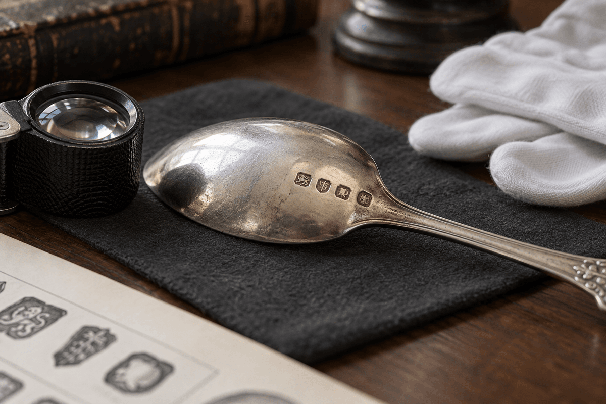 Antique silver spoon positioned beside a loupe for close hallmark inspection