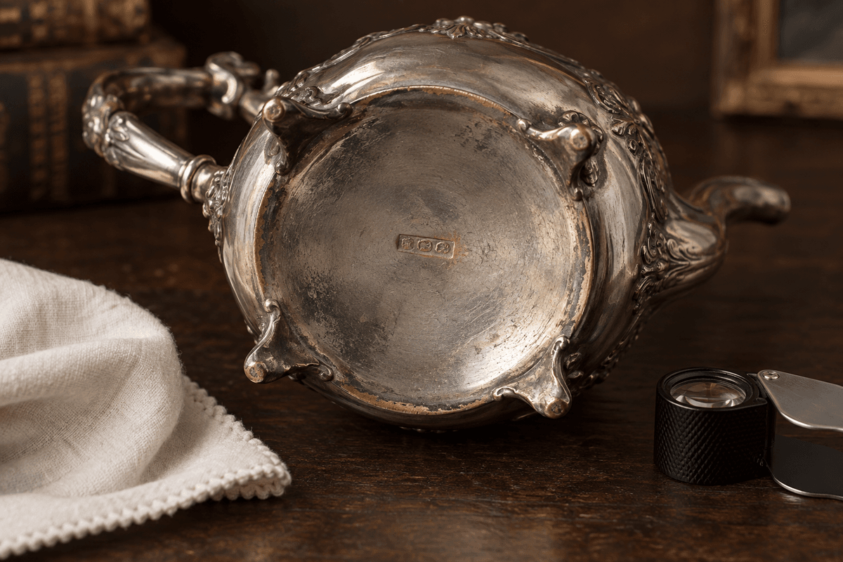 Underside of a worn silver-plated vessel examined beside a loupe