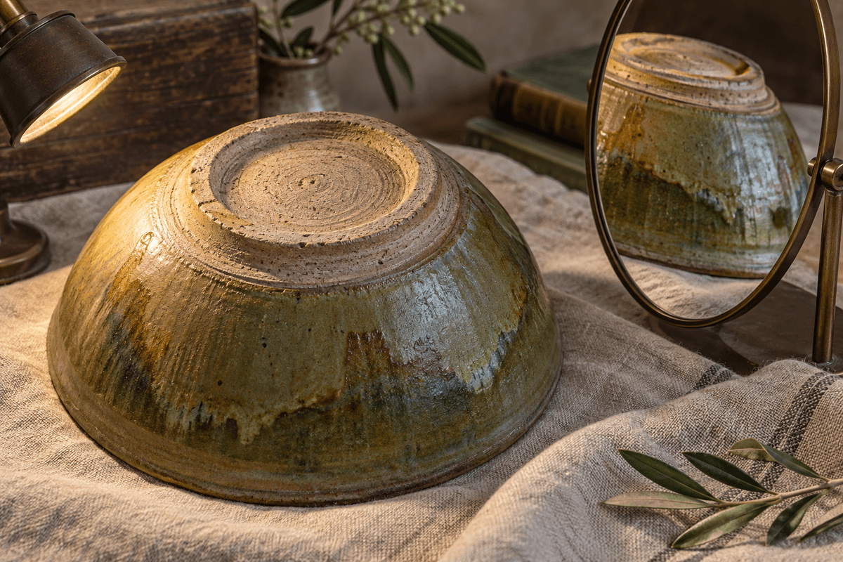 Unmarked ceramic bowl examined under raking light with its foot reflected in a mirror