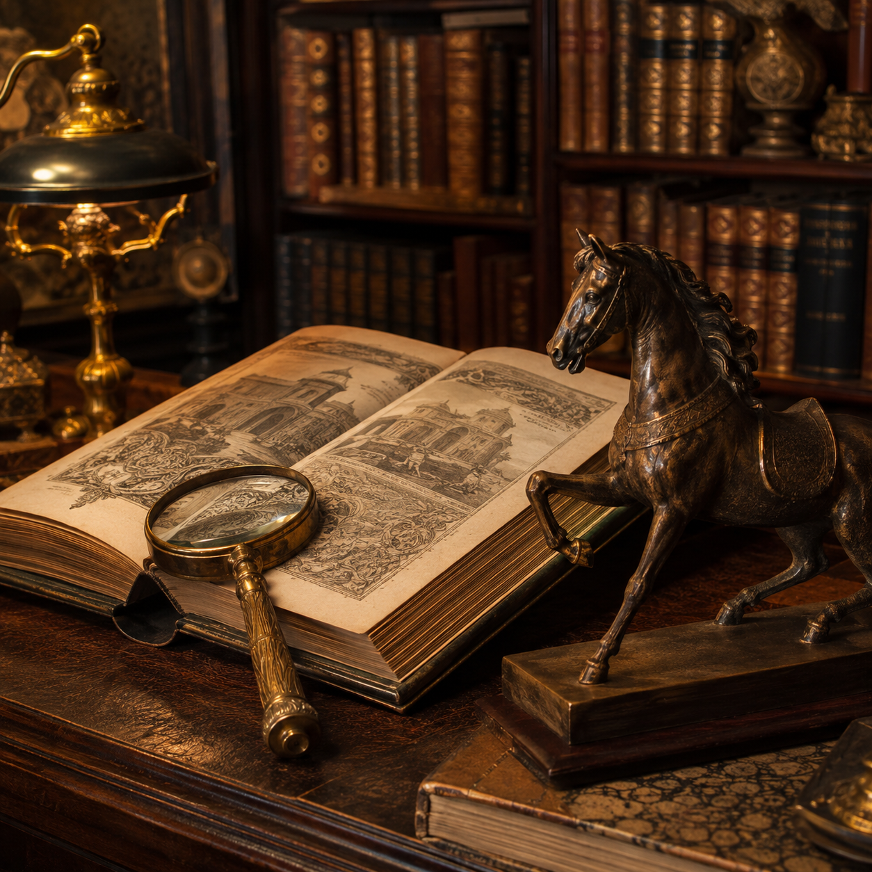 Reference books, magnifying glass and bronze horse in a warmly lit library