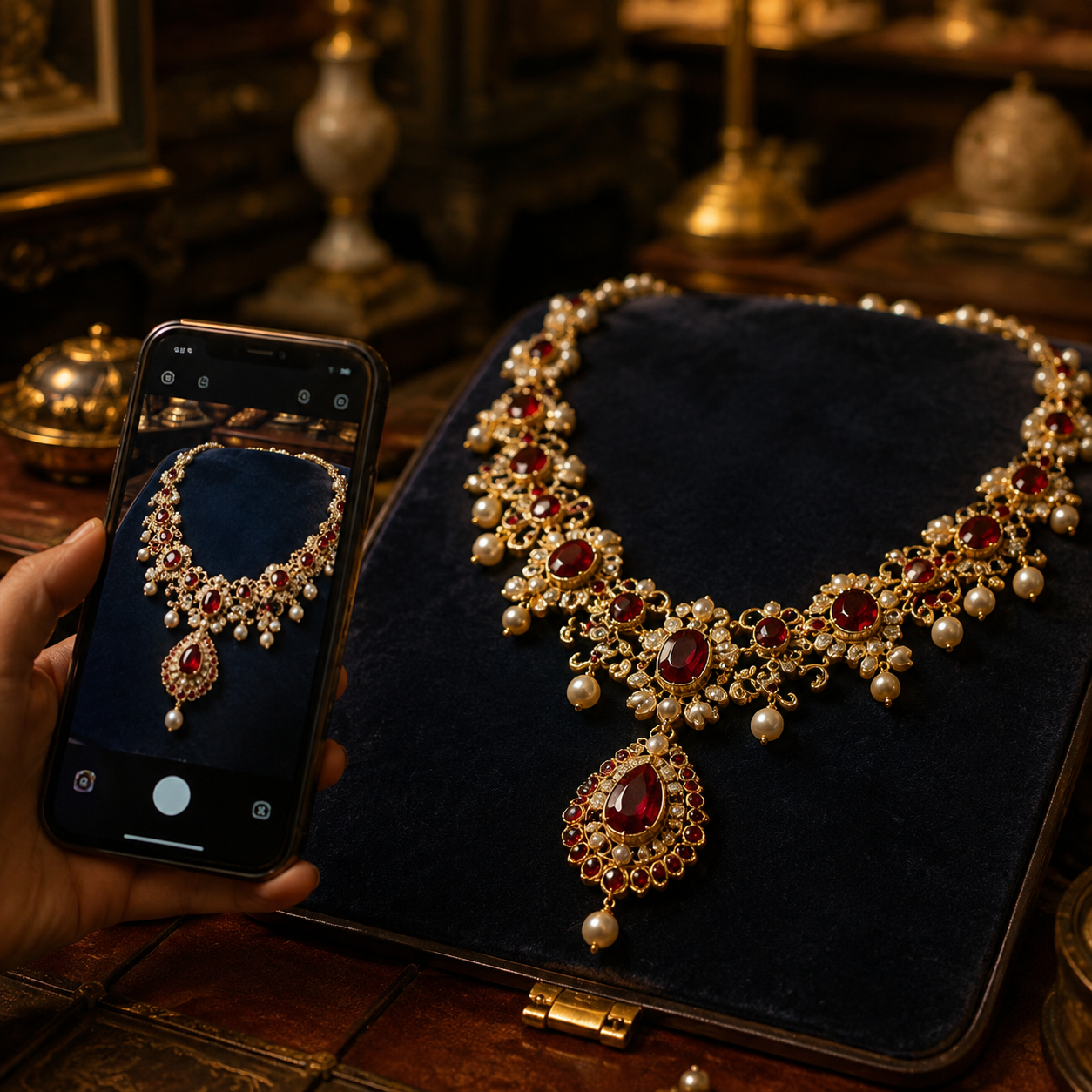 A collector photographing an ornate ruby and pearl necklace