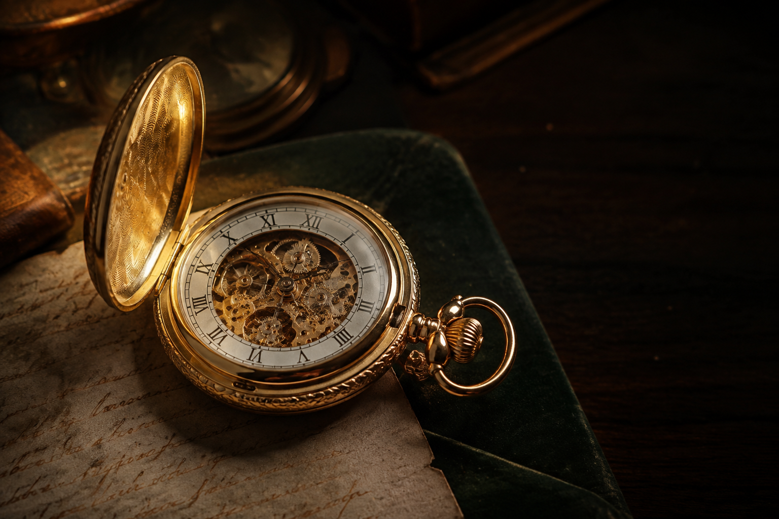 Illustrative antique pocket watch with decorative case and exposed movement