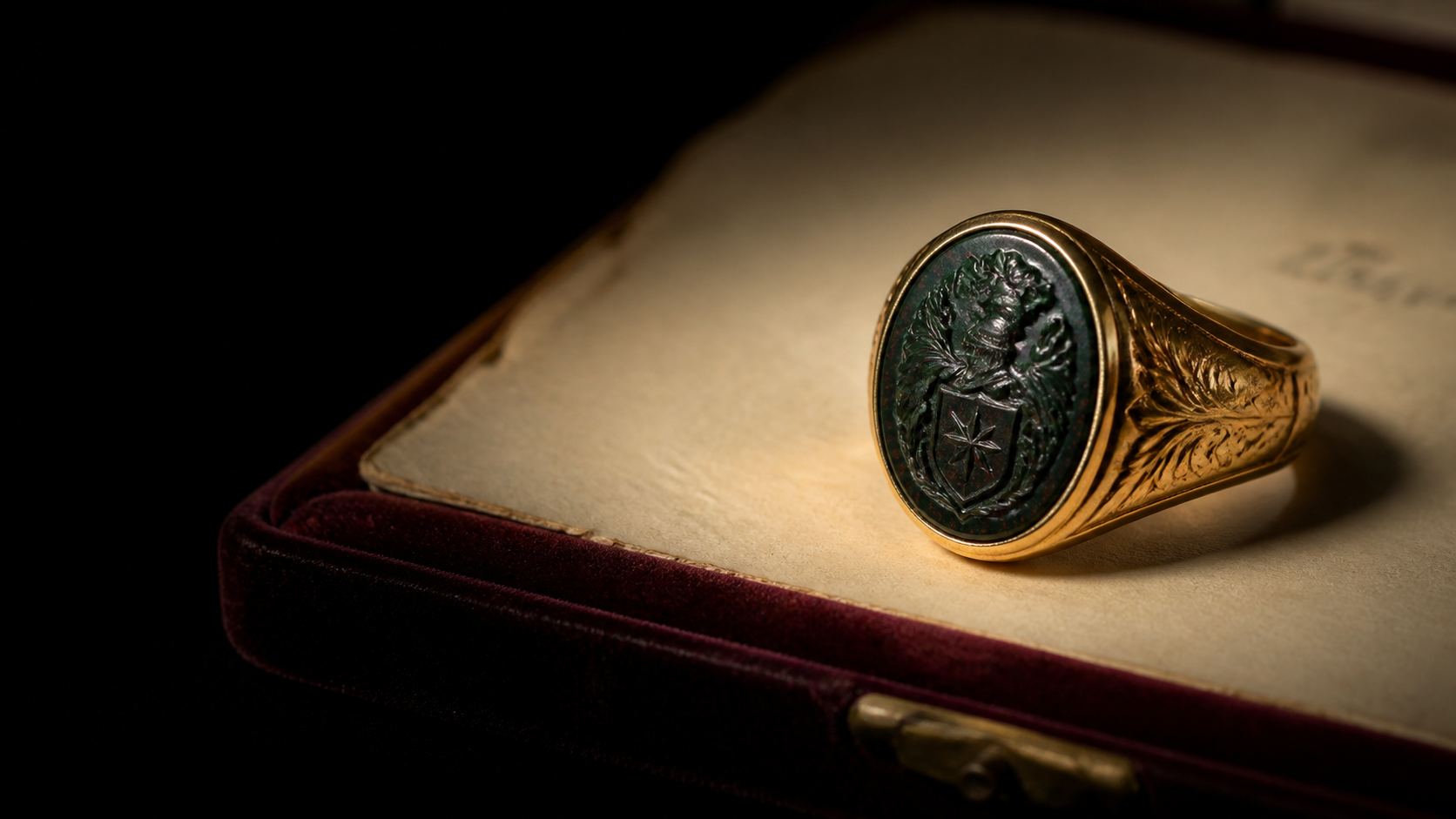 Illustrative engraved signet ring showing decorative shoulders and a carved seal