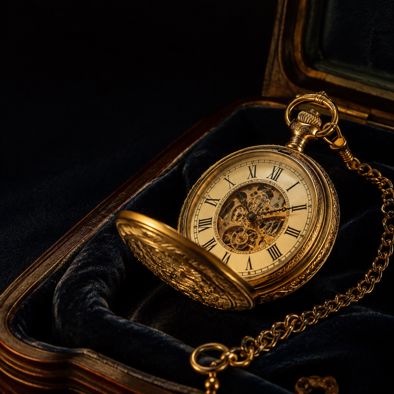 Illustrative engraved gold pocket watch on velvet